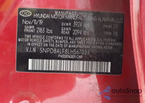 2020 Hyundai Elantra Sel z USA, uszkodzony, nr VIN 5NPD84LF8LH567033